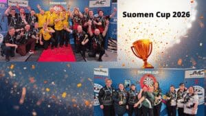 Kuvakollaasissa Suomen Cup 2026 palkitut joukkueet avoin sarja ja naisten sarja